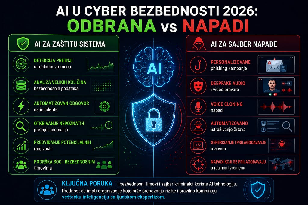 Infografika prikazuje kako se AI koristi u cyber bezbednosti tokom 2026. godine, sa poređenjem između AI alata za zaštitu sistema i AI tehnologija koje koriste sajber kriminalci za phishing, deepfake prevare i druge napade.