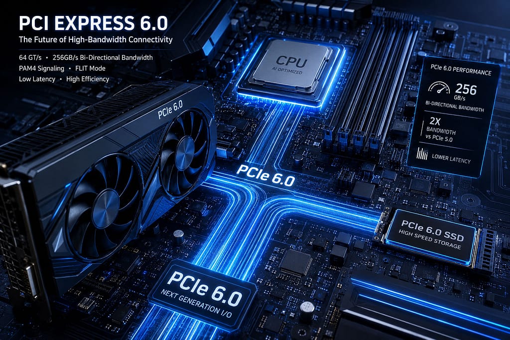 Futuristička vizualizacija PCI Express 6.0 tehnologije sa matičnom pločom, procesorom, grafičkom kartom i SSD uređajem povezanim svetlećim linijama za prenos podataka.