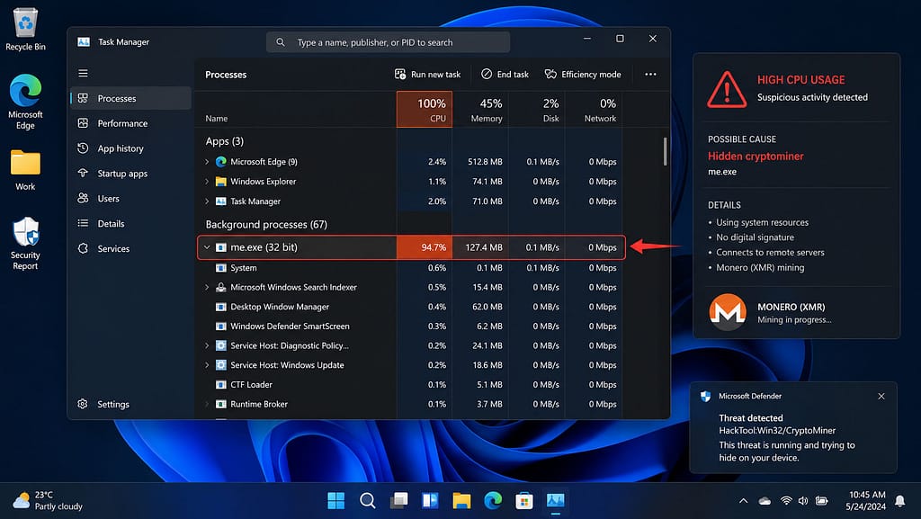 Windows Task Manager prikazuje ekstremno visoku iskorišćenost procesora izazvanu skrivenim kriptomajnerom, uz upozorenje o sumnjivom procesu i mogućoj Monero rudarskoj aktivnosti.