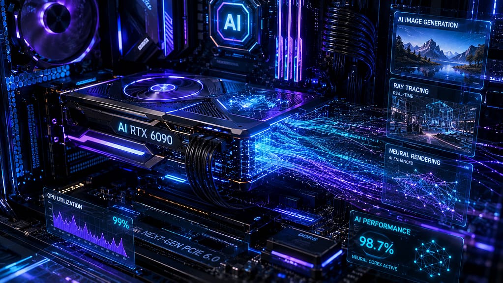 Grafička karta nove generacije sa AI akceleracijom unutar futurističkog gejming računara, okružena holografskim tokovima podataka, prikazom ray tracing tehnologije i neuralnim mrežama u plavo-ljubičastom osvetljenju.