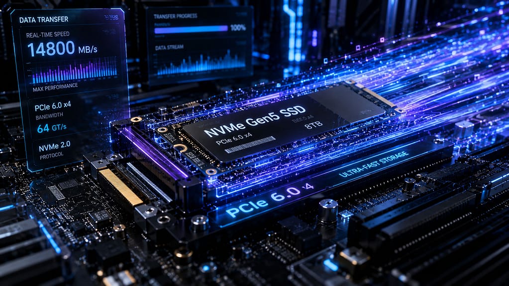 Ultra-brzi NVMe SSD povezan na futurističnu matičnu ploču kroz PCIe interfejs, dok svetleći tokovi podataka prikazuju ekstremno velike brzine prenosa u visokotehnološkom okruženju.