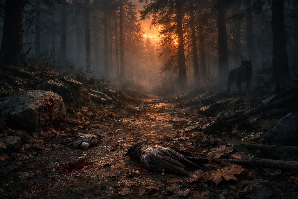 Rani znaci infekcije u Arklay planinama – mrtve ptice na šumskoj stazi dok Cerberus mutirani pas posmatra iz tame