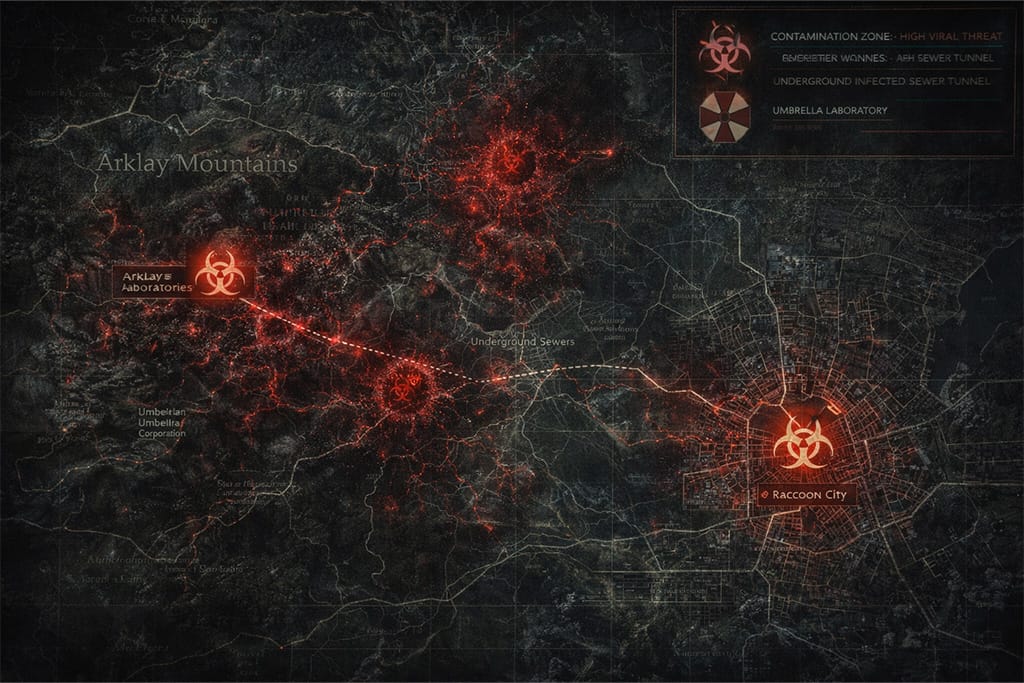 Mapa širenja T-virusa iz Arklay laboratorija prema Raccoon City-ju u Resident Evil univerzumu